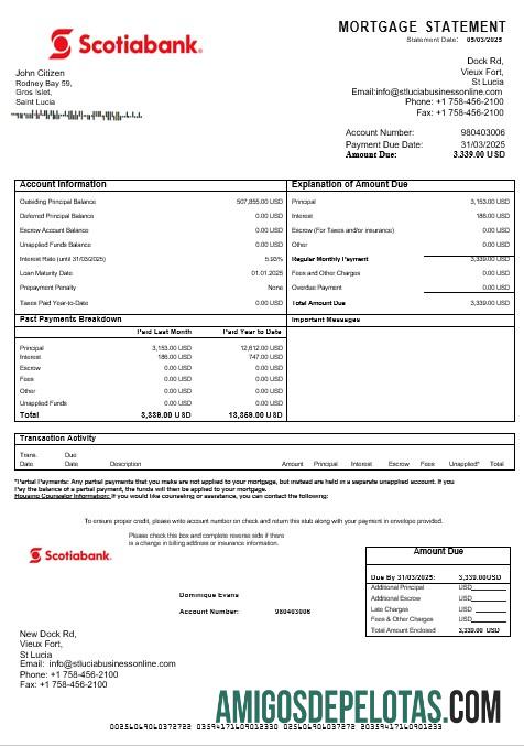 Extrato de hipoteca do Scotiabank de Santa Lúcia em formatos Word e PDF exemplo real